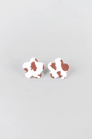 Printed Flower Stud Earrings in Brown Cow