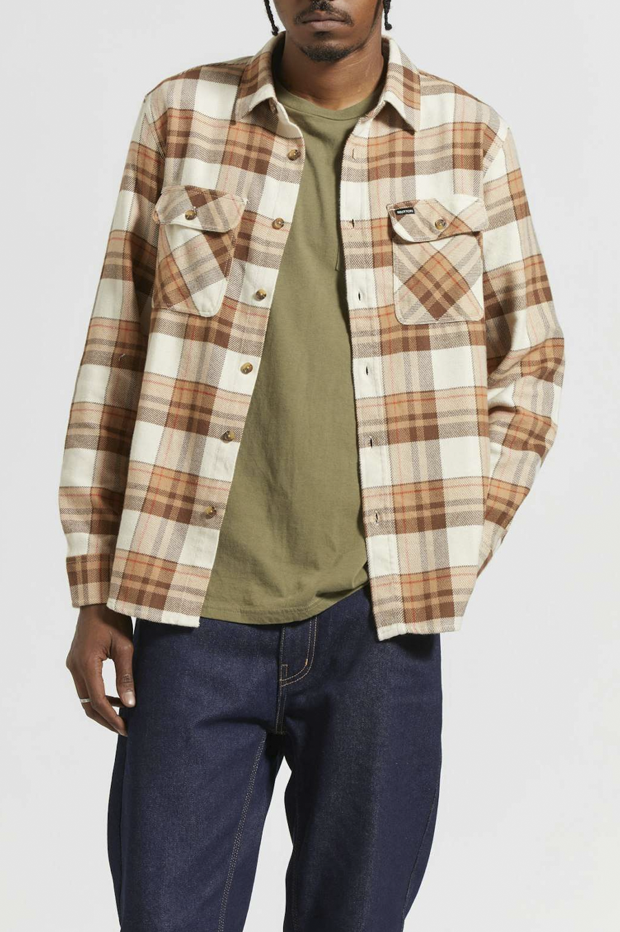 Men's Brixton Bowery Flannel in Whitecap and Brown