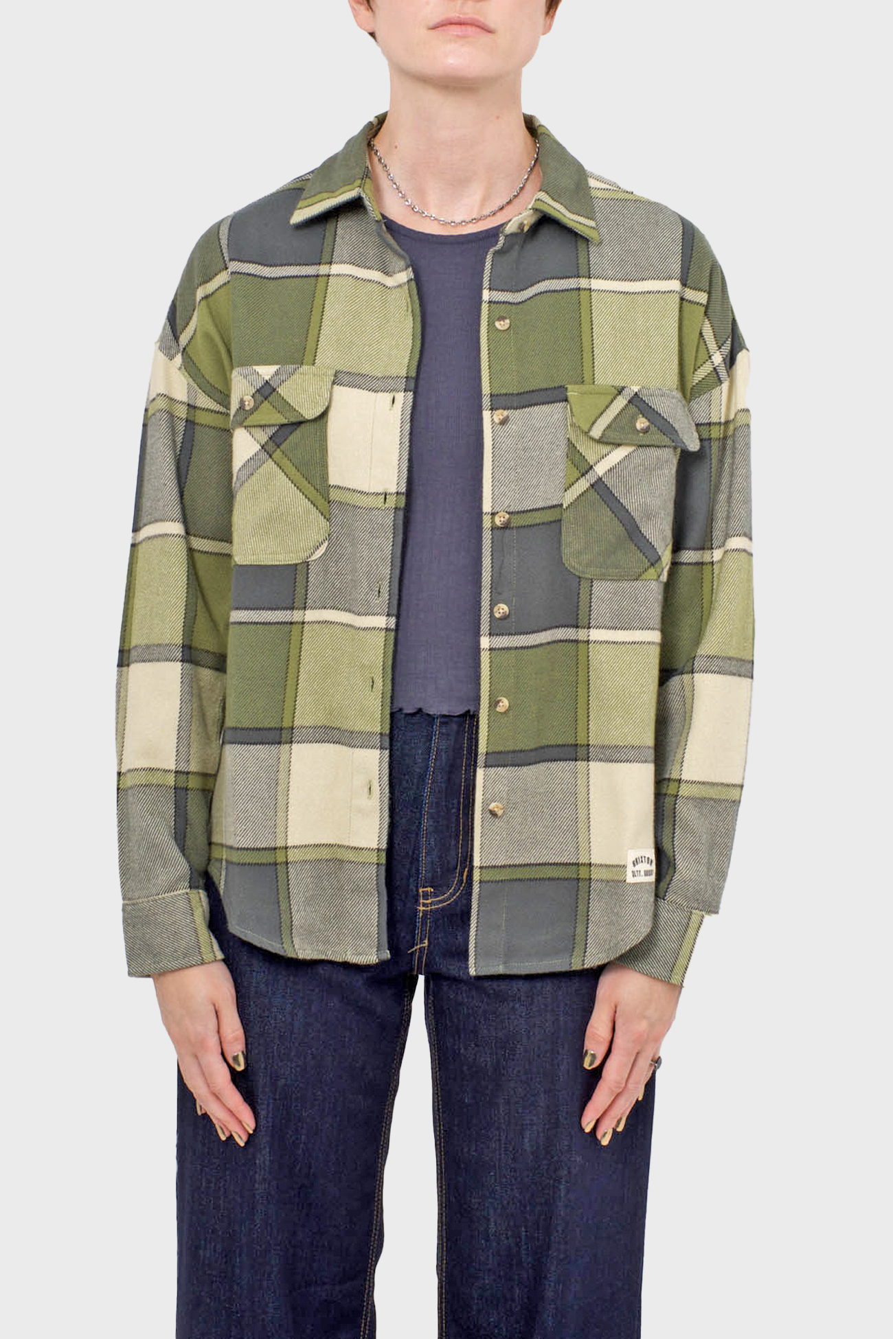 Women's Brixton Bowery W Classic Flannel in Blue Mirage & Dill Plaid