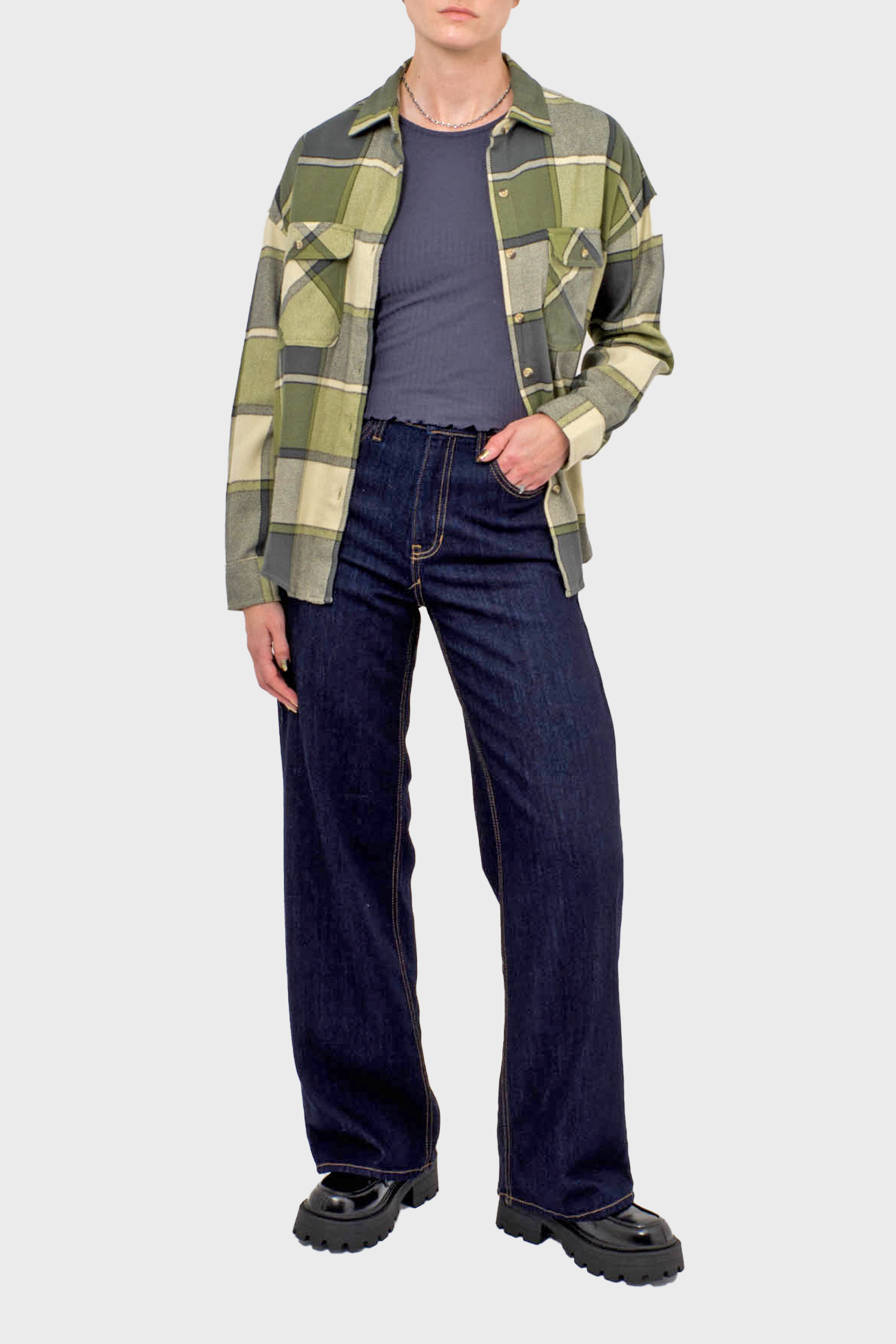 Bowery W Classic Flannel in Blue Mirage & Dill Plaid